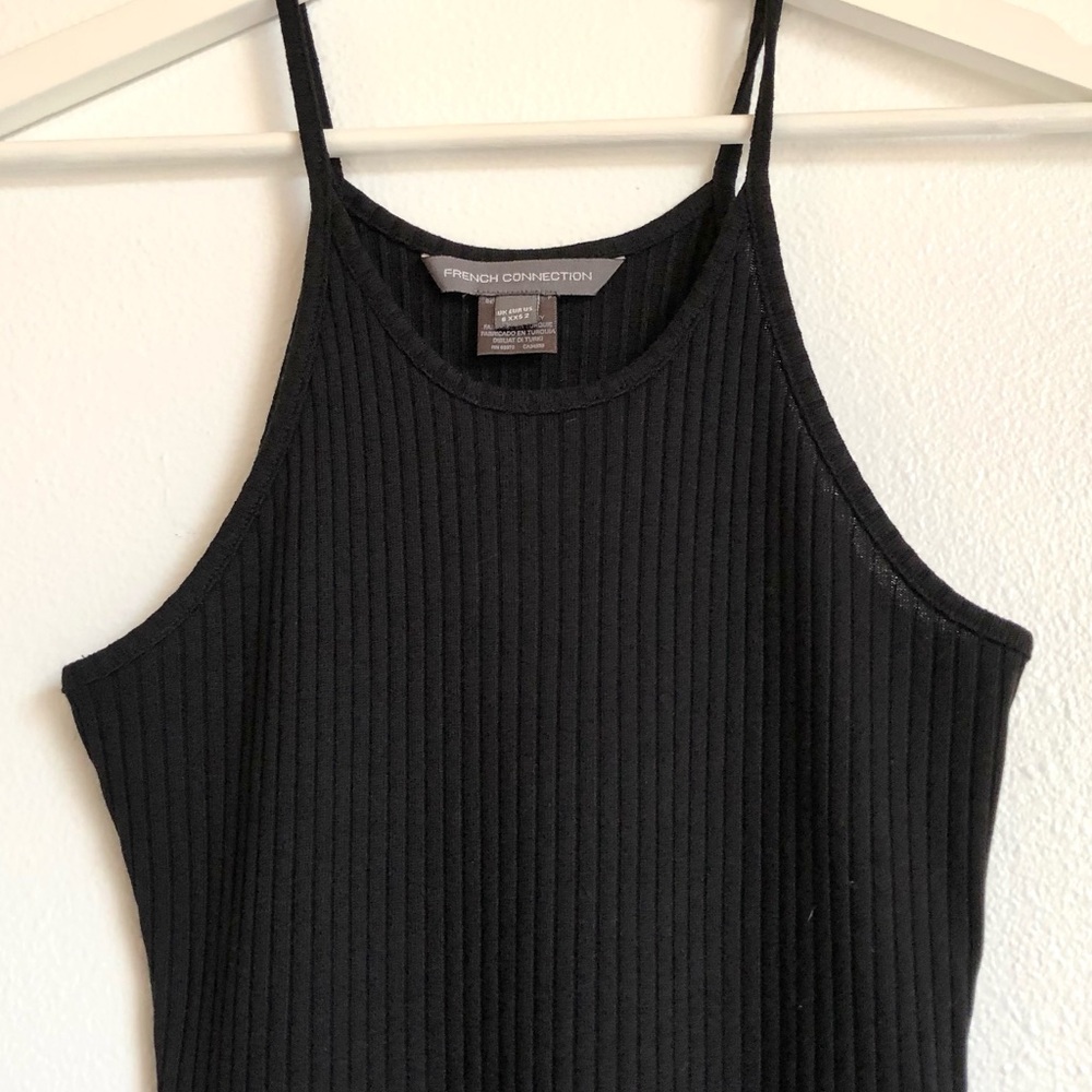 NWT French Connection Black Ribbed Midi Dress Size US 2 Chic Minimalist Neutral - Picture 2 of 7